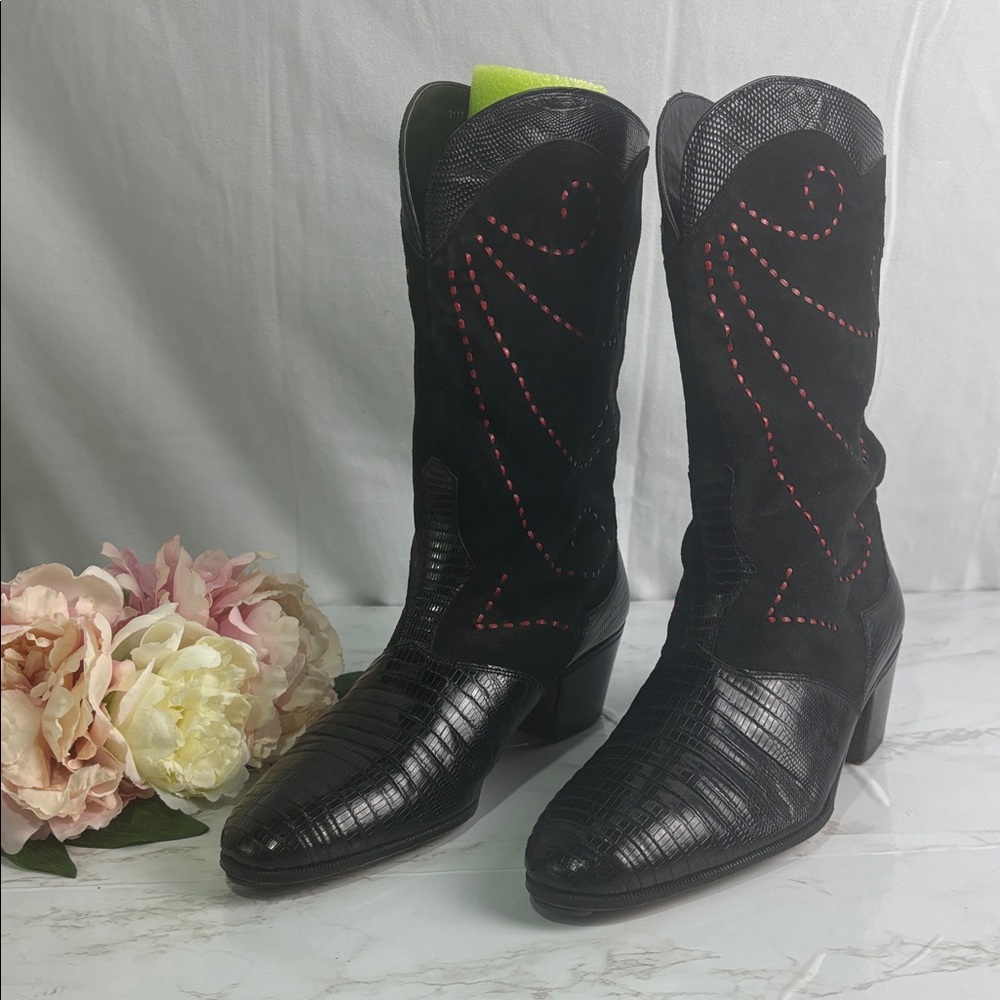 Mauri Black & Red Crocodile Leather Western Cowboy Boots | Men’s 7.5 Women's 9
